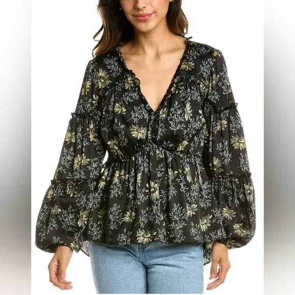 CINQ A SEPT Simmons Botanical Peplum Boho Contoured Blouse | S - Picture 2 of 11